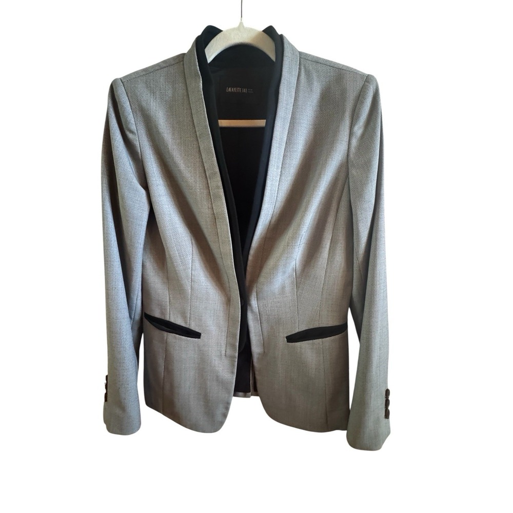 Lafayette 148 NY Women's Size Gray Blazer Black Contrast Collar & Pocket Trim